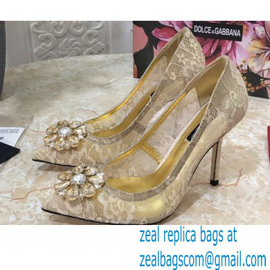 Dolce & Gabbana Heel 10.5cm Taormina Lace Pumps Gold with Crystals 2021